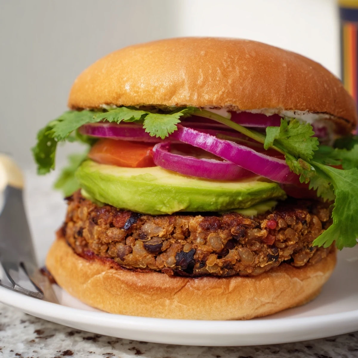 Smoky Chipotle Black Bean Veggie Burgers with fresh avocado and vibrant toppings.  