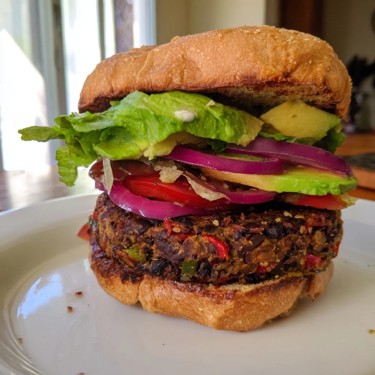 Deliciously spicy Chipotle Black Bean Veggie Burgers garnished with lettuce and tomato slices.