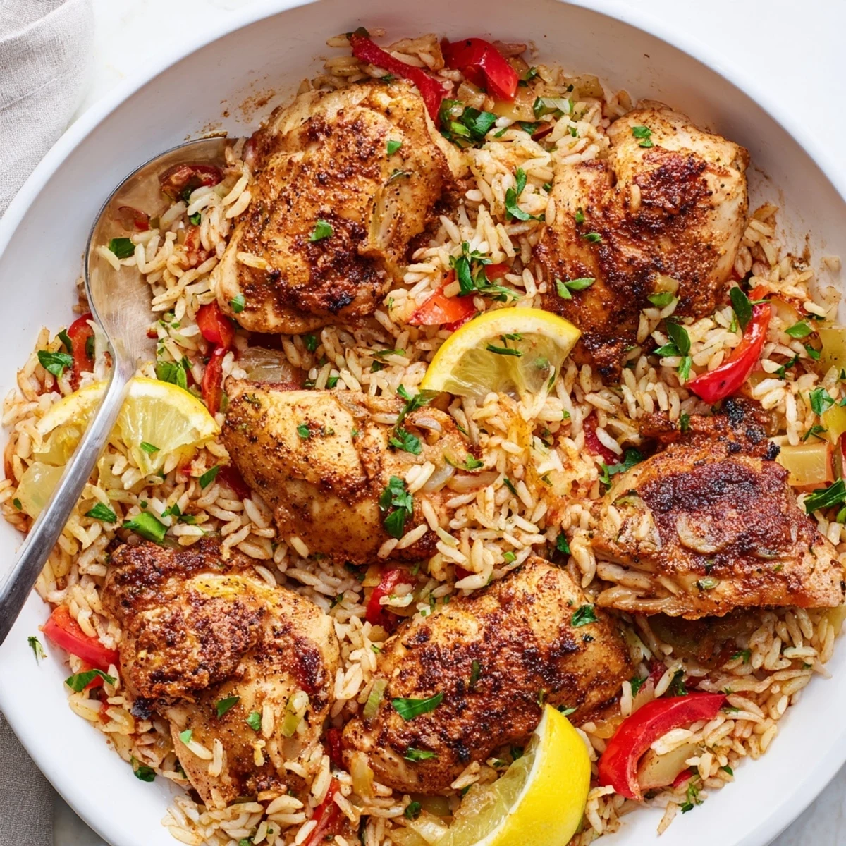 Aromatic One-Pan Cajun Chicken and Rice topped with fresh parsley and lemon wedges.  