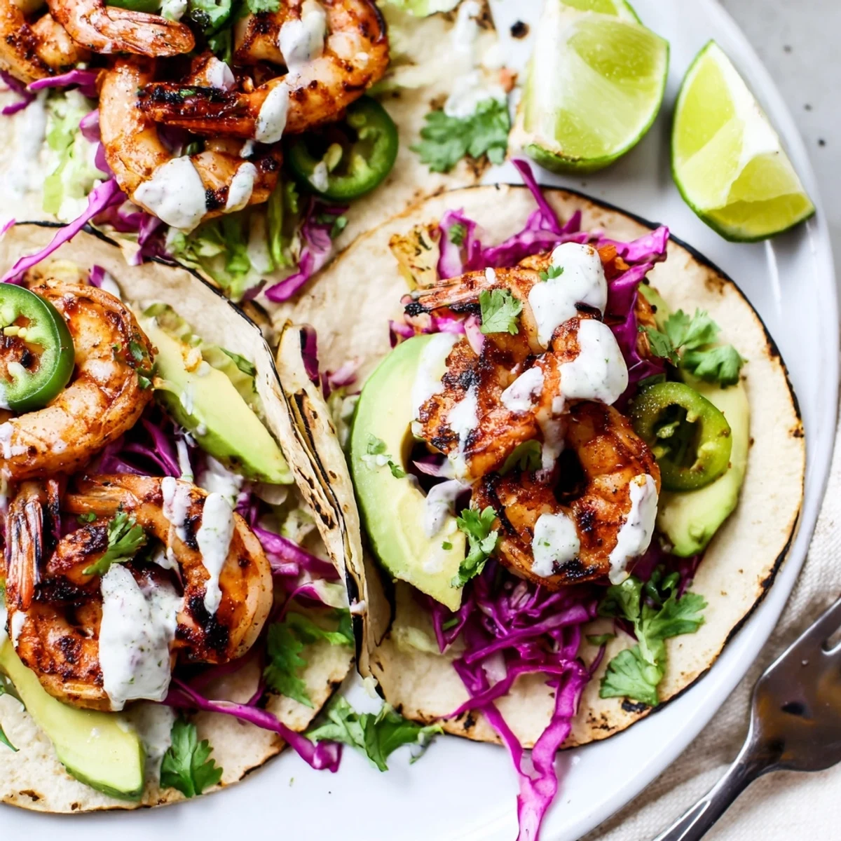 Succulent spicy chipotle grilled shrimp tacos piled high with fresh toppings.  