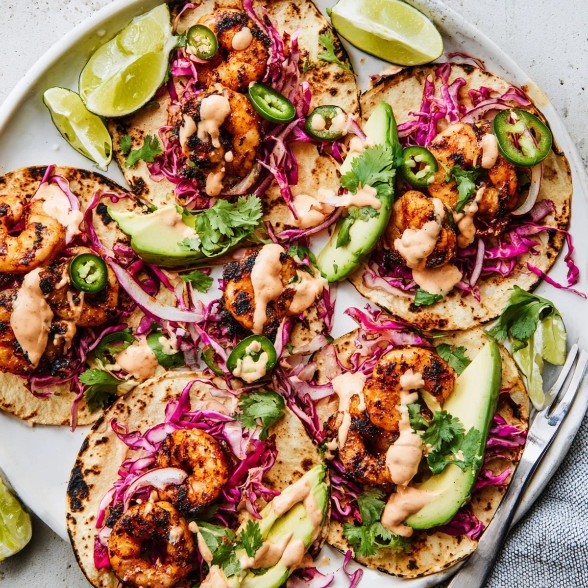 Delicious spicy chipotle grilled shrimp tacos garnished with avocado and cilantro.