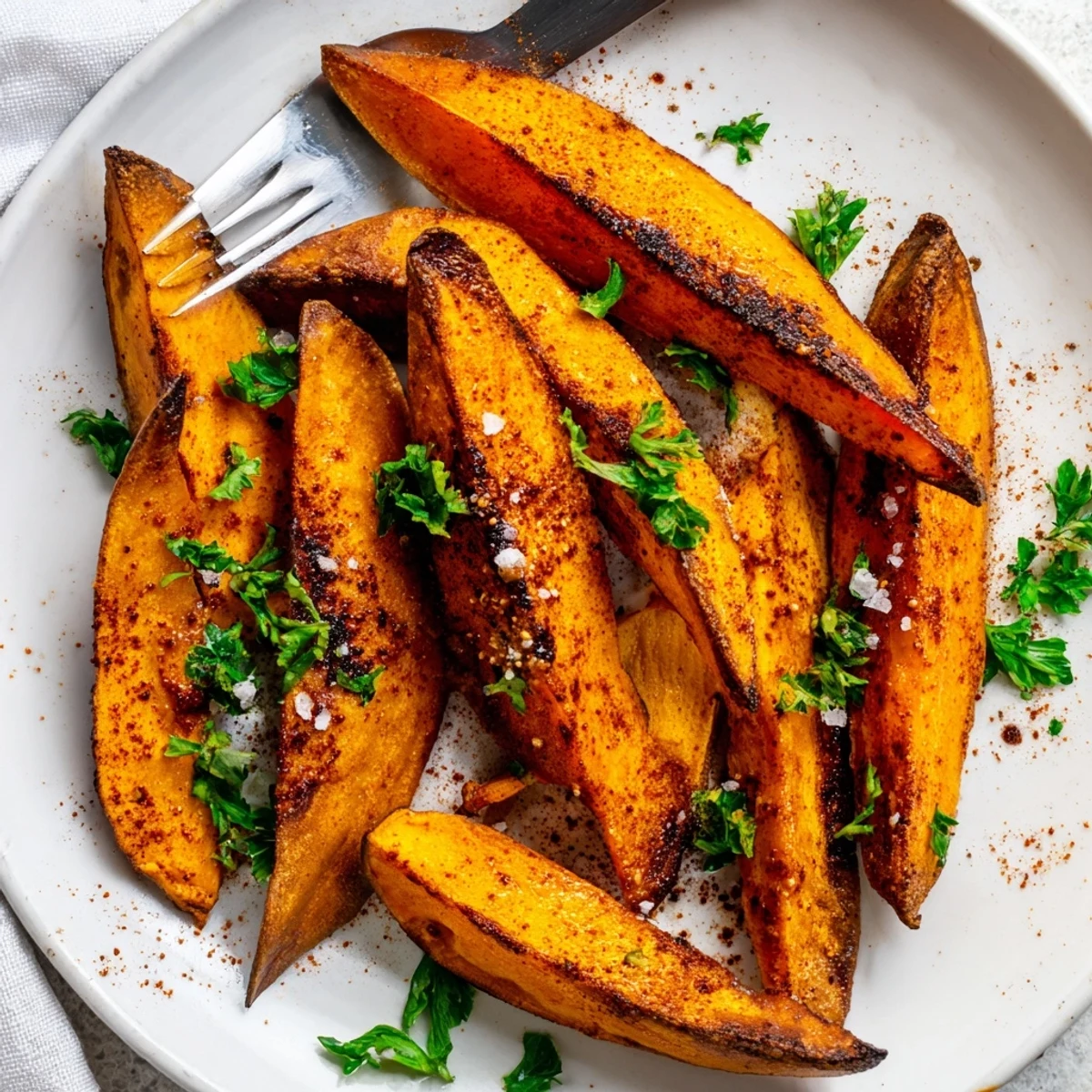 Tender inside and crunchy outside, these smoky roasted sweet potato wedges delight the taste buds.