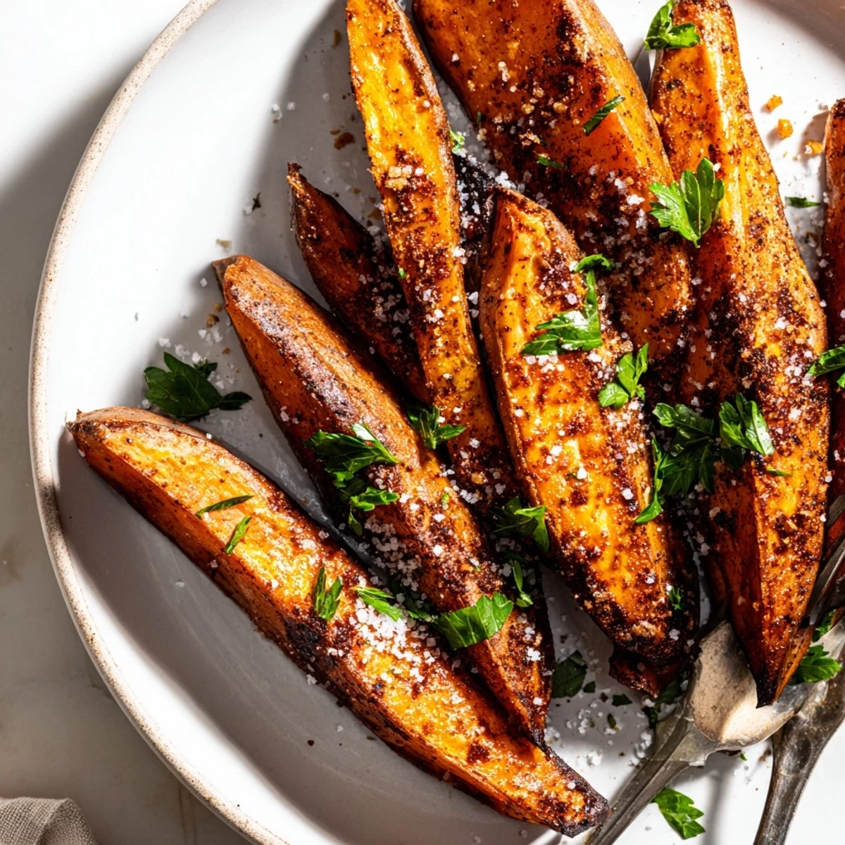 Crispy smoky roasted sweet potato wedges seasoned with garlic and paprika.  