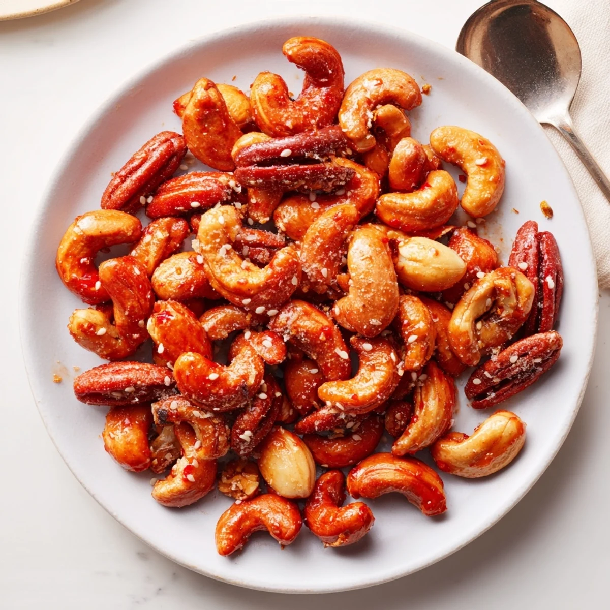 Crunchy honey Sriracha glazed nuts resonate with sweet and spicy flavors, perfect for snacking.  