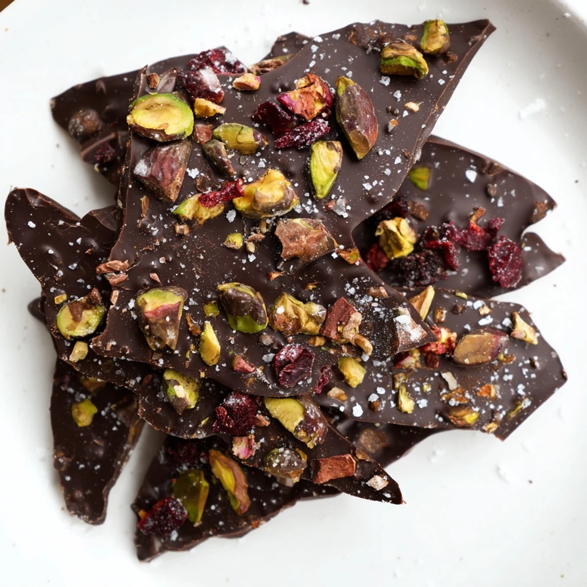Decadent spicy cinnamon chili chocolate bark, topped with nuts and cranberries.  