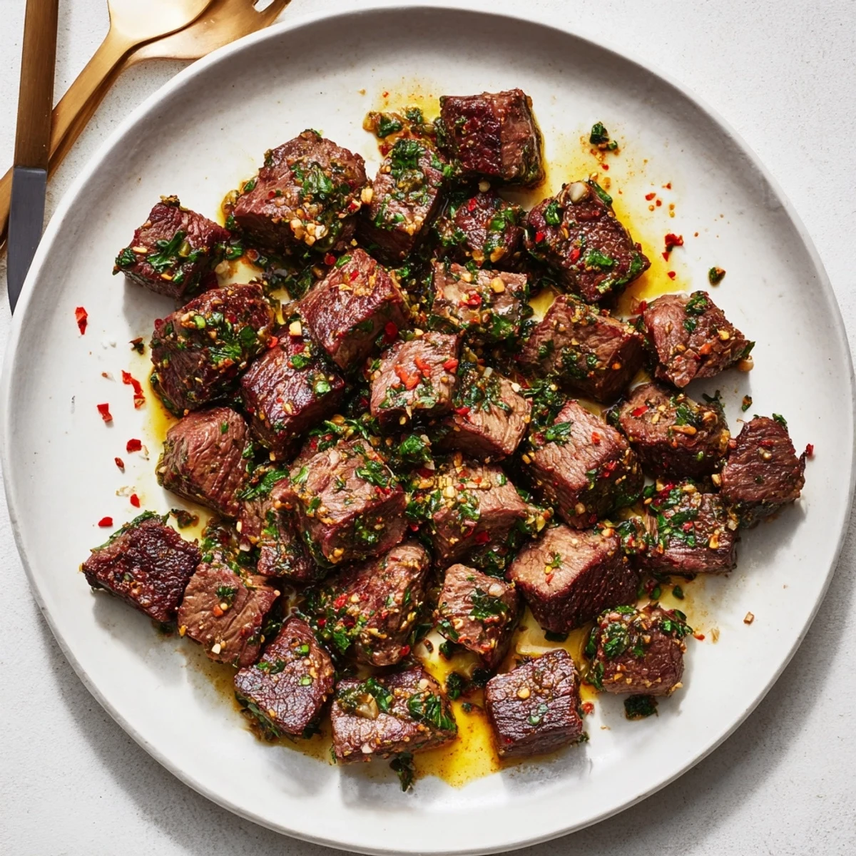 Juicy steak cubes enveloped in rich garlic butter sauce, ideal for appetizers or entrees.  
