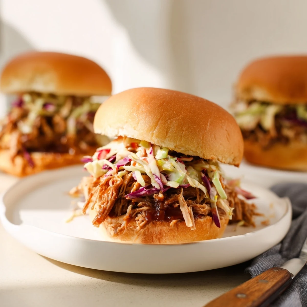 Tender smoked pulled pork sliders topped with crisp coleslaw for flavorful bites.  