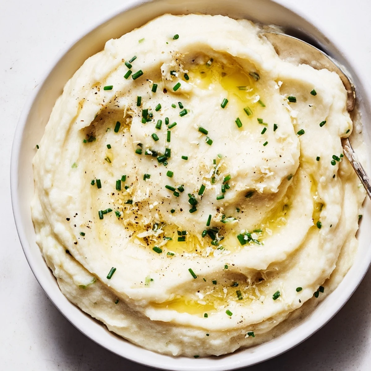 Deliciously smooth garlic-infused cauliflower mash, perfect alongside grilled meats.  