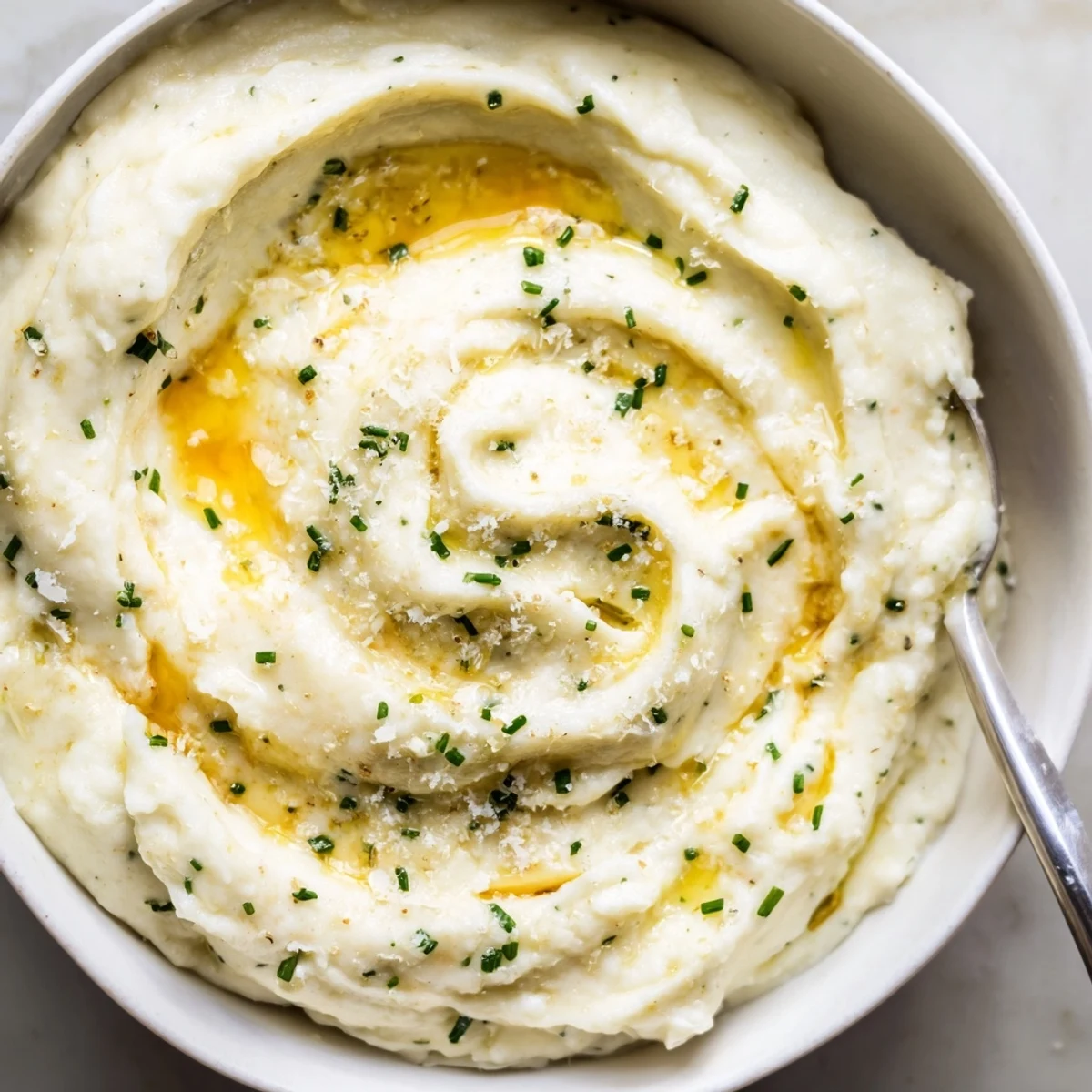 Velvety garlic mashed cauliflower, a light alternative to traditional mashed potatoes.