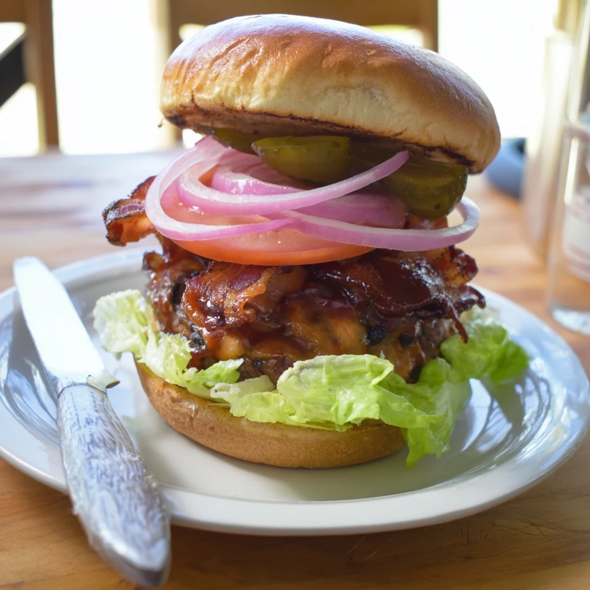 Delicious BBQ Bacon Cheddar Burgers served on toasted buns with fresh toppings.  