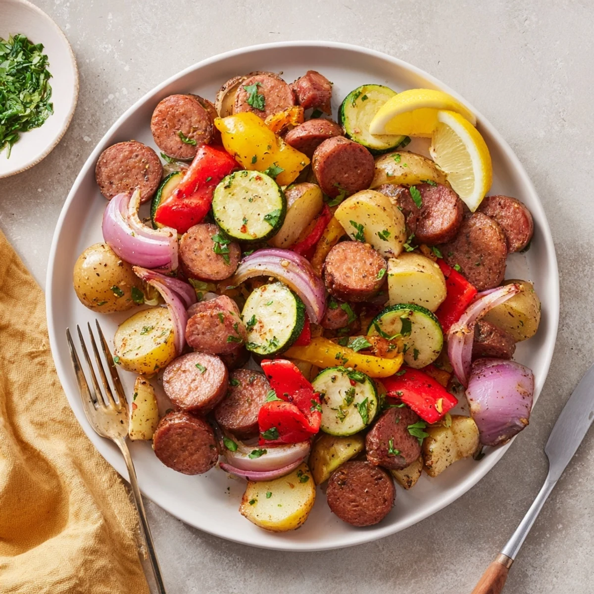 Vibrant sheet pan smoky sausage and veggies, perfect for quick weeknight dinners.  