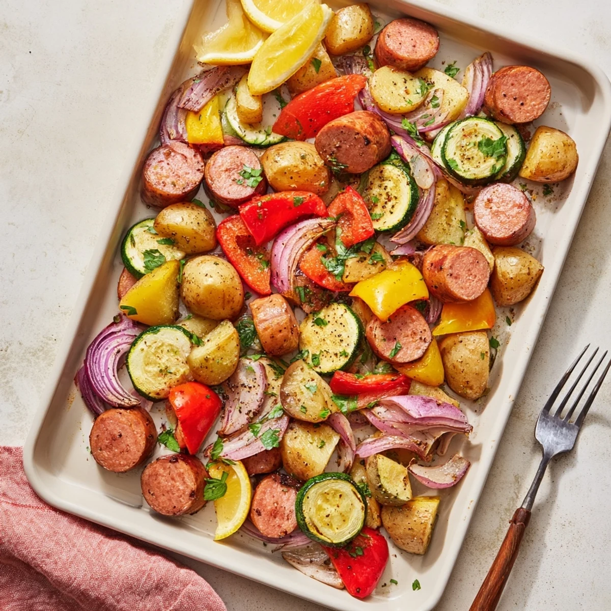 Delicious smoky sausage combined with roasted veggies for a one-pan dinner delight.  