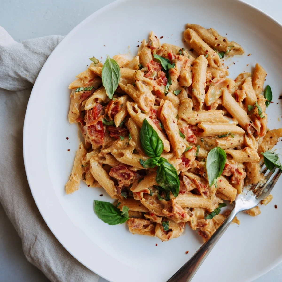 One-Pot Creamy Tomato Basil Pasta simmering in a vibrant pot, topped with fresh basil.  