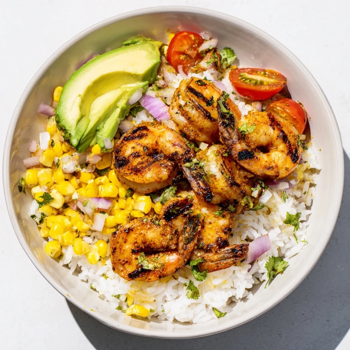 Juicy grilled shrimp nestled atop rice in a vibrant Easy Grilled Shrimp Bowl, garnished with fresh salsa.