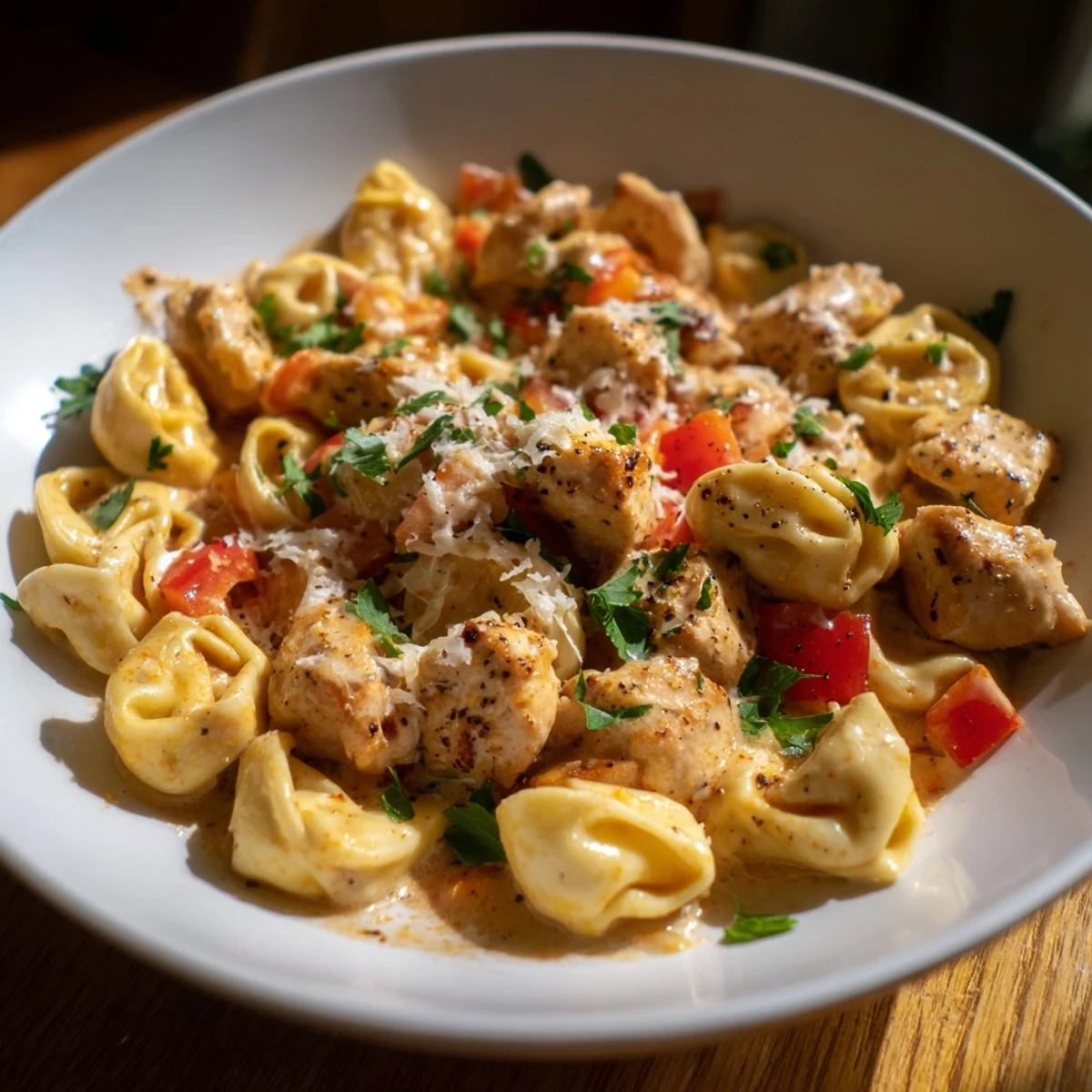 Close-up of golden Zesty Cajun Garlic Parmesan Chicken Tortellini with visible pieces of chicken and pasta.