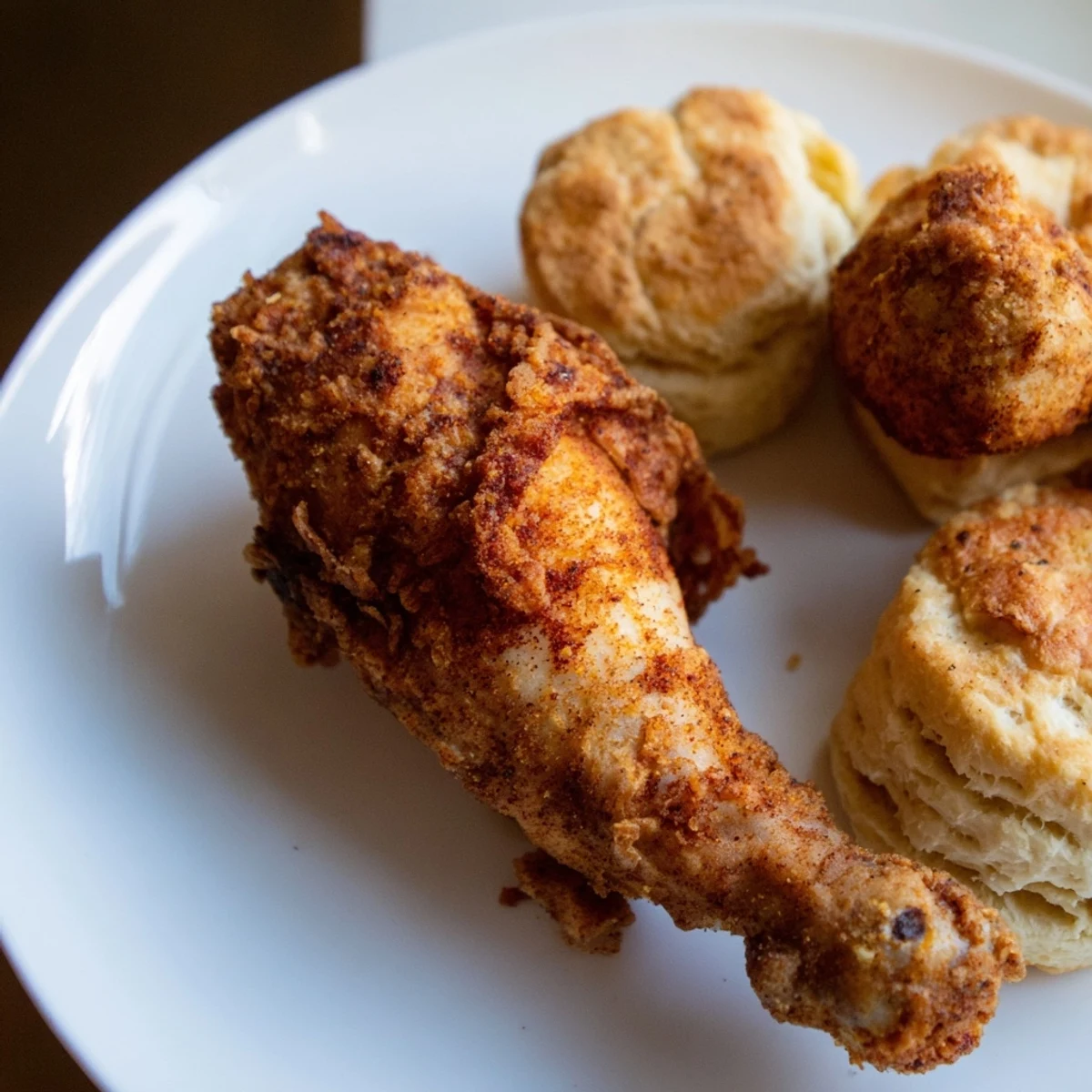 Homemade Southern Fried Chicken with Buttermilk Biscuits served on a plate, offering classic flavors.