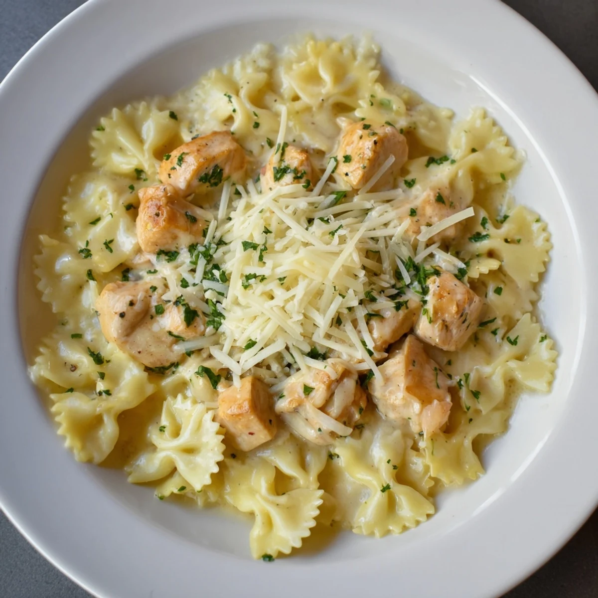 Golden mozzarella melting over a skillet of creamy garlic butter chicken bowties, a comforting Italian meal.