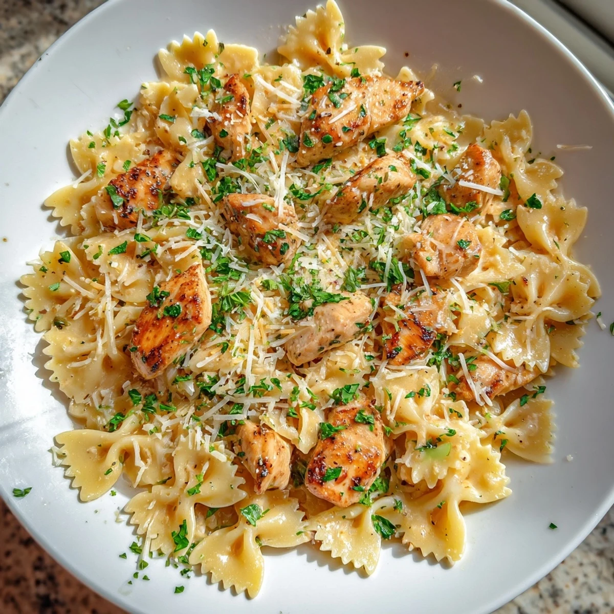 A close-up shot of the savory mozzarella garlic butter chicken bowties, perfectly cooked pasta and tender chicken.