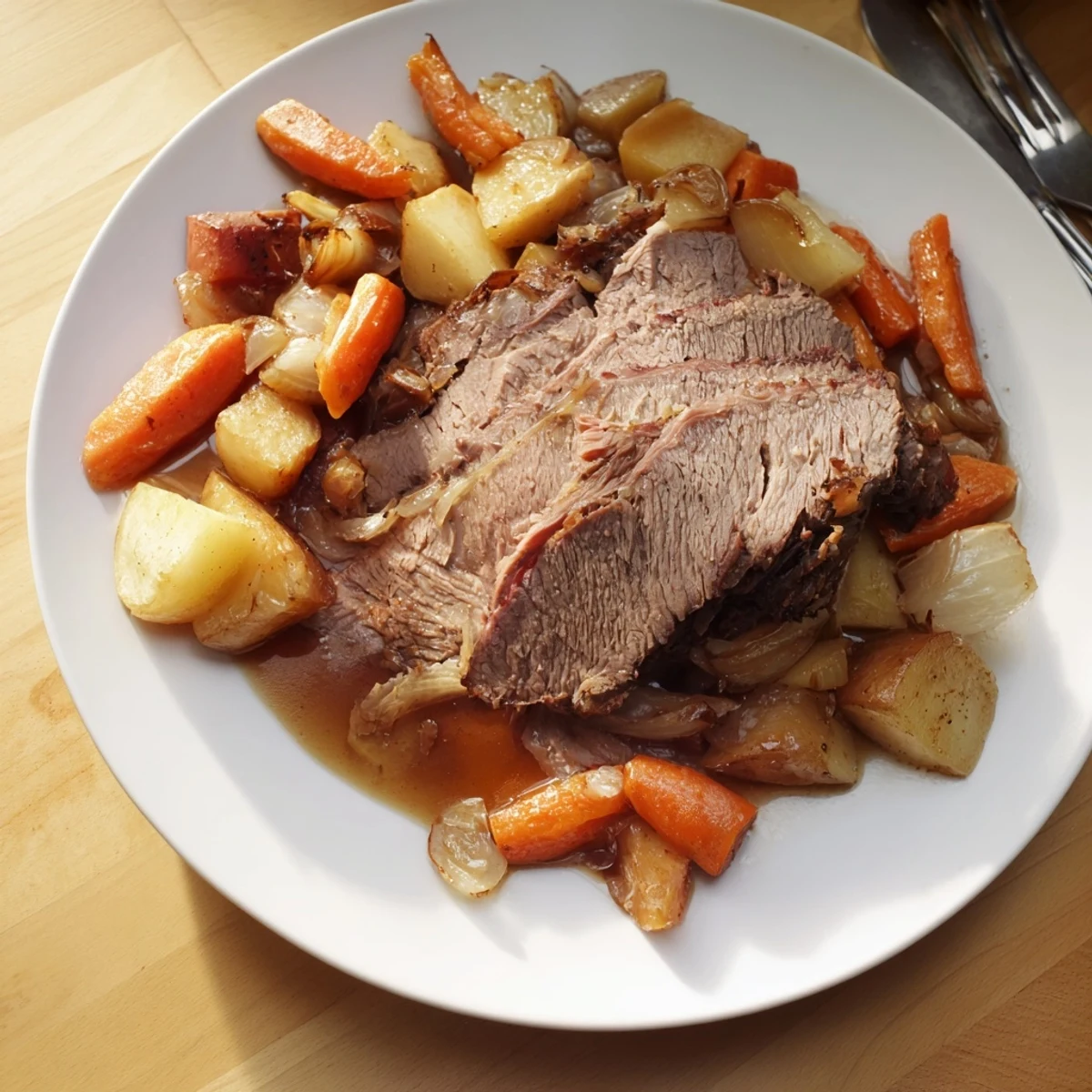 Fork-tender Sunday pot roast with roasted veggies, rich gravy, and vibrant root vegetables.