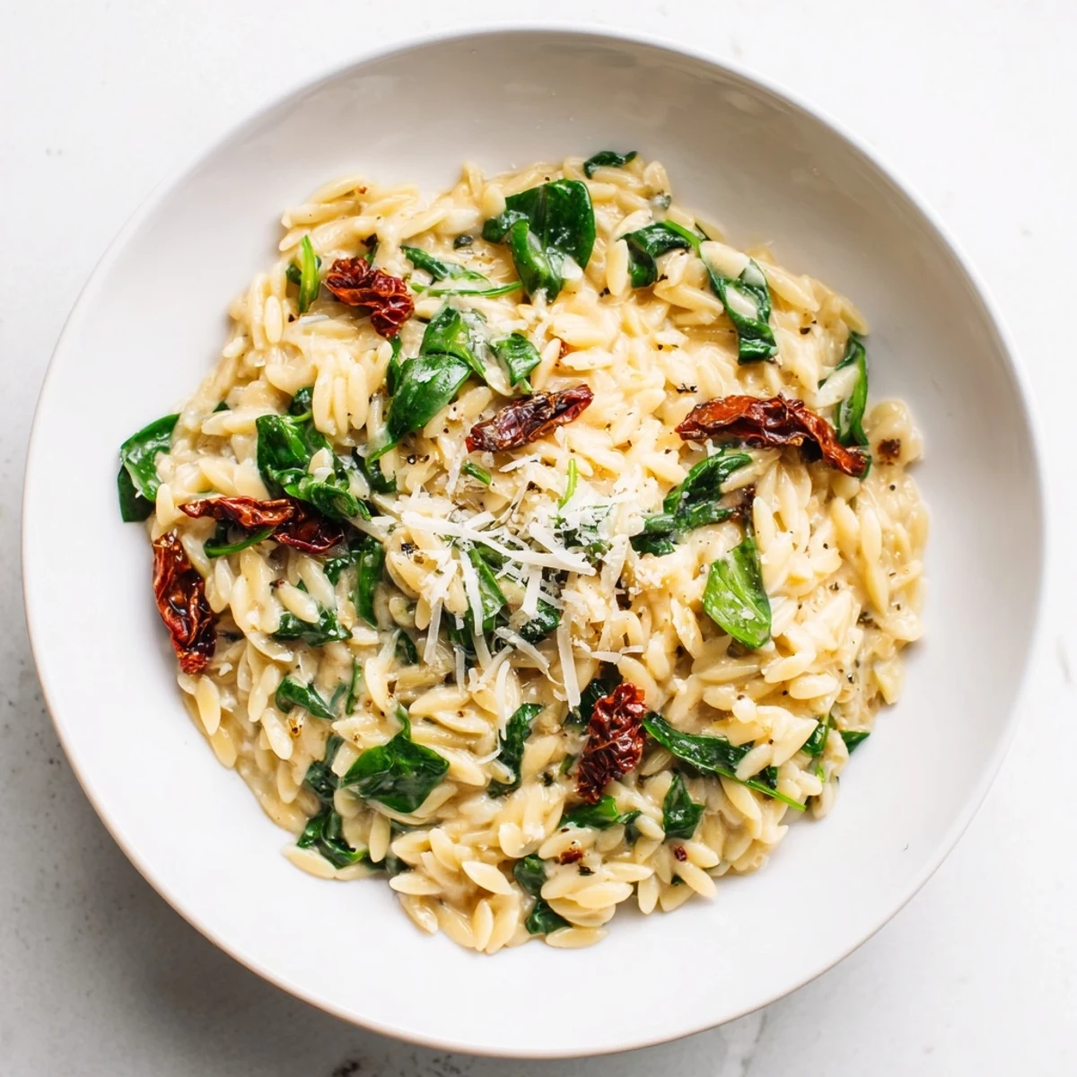 Creamy Tuscan Orzo Bowl: A rich, creamy pasta dish with spinach, sun-dried tomatoes, and Parmesan cheese.