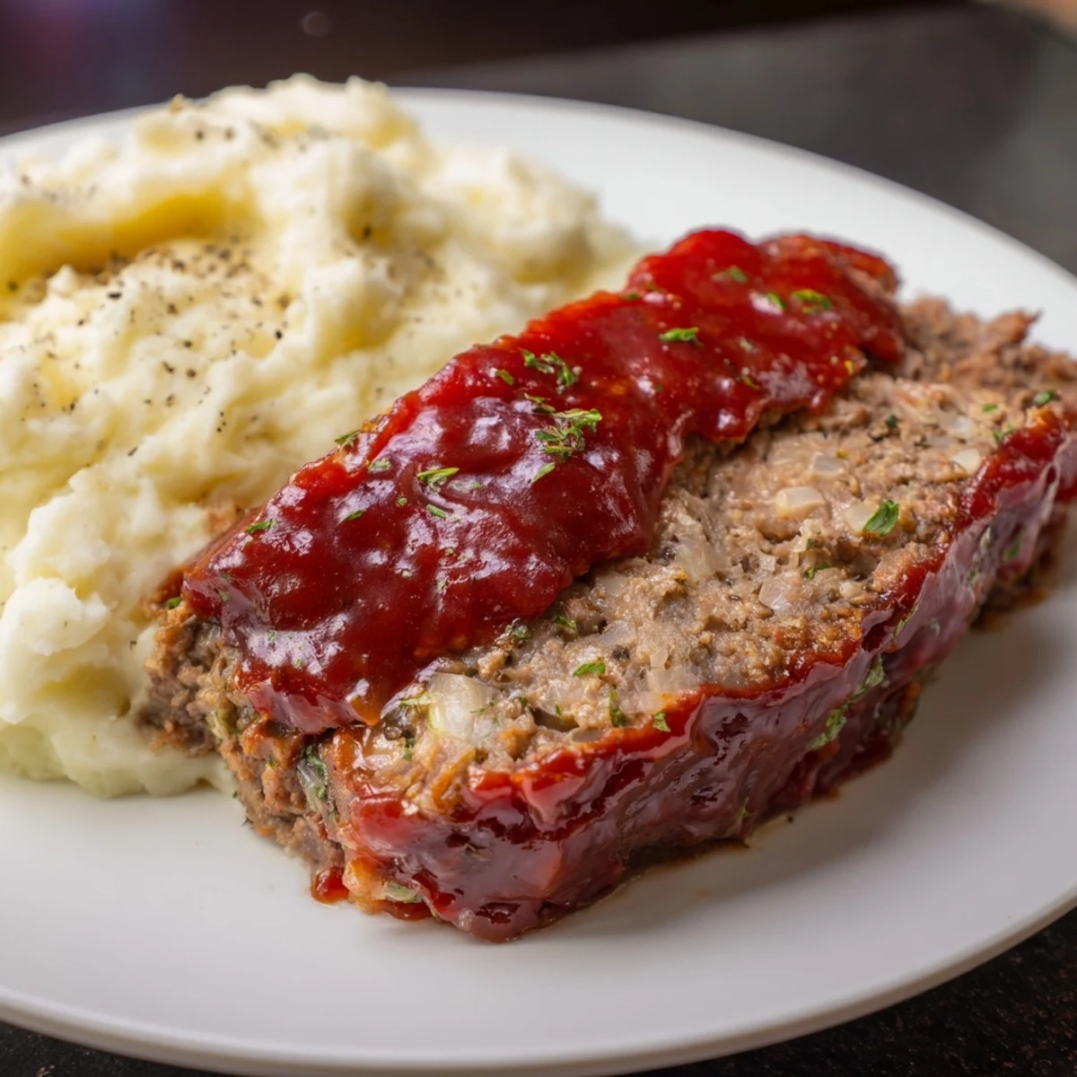 Enjoy a plate of classic meatloaf and mashed potatoes: moist meatloaf slices smothered in sauce, next to creamy potatoes.
