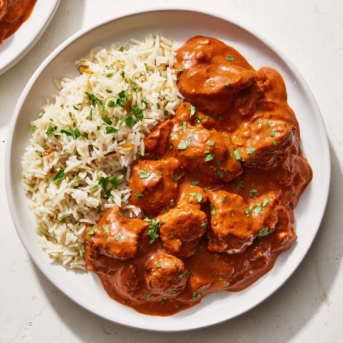 A steaming bowl of Butter Chicken next to fluffy rice pilaf, perfect for a cozy dinner at home.