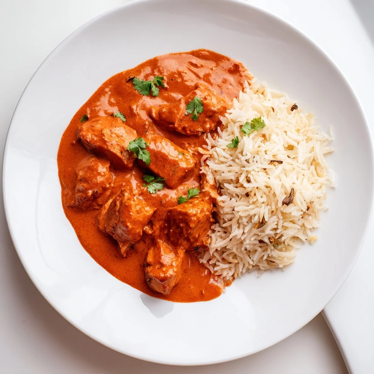 Butter Chicken served with fragrant rice pilaf, a creamy Indian dish bursting with flavor and color.