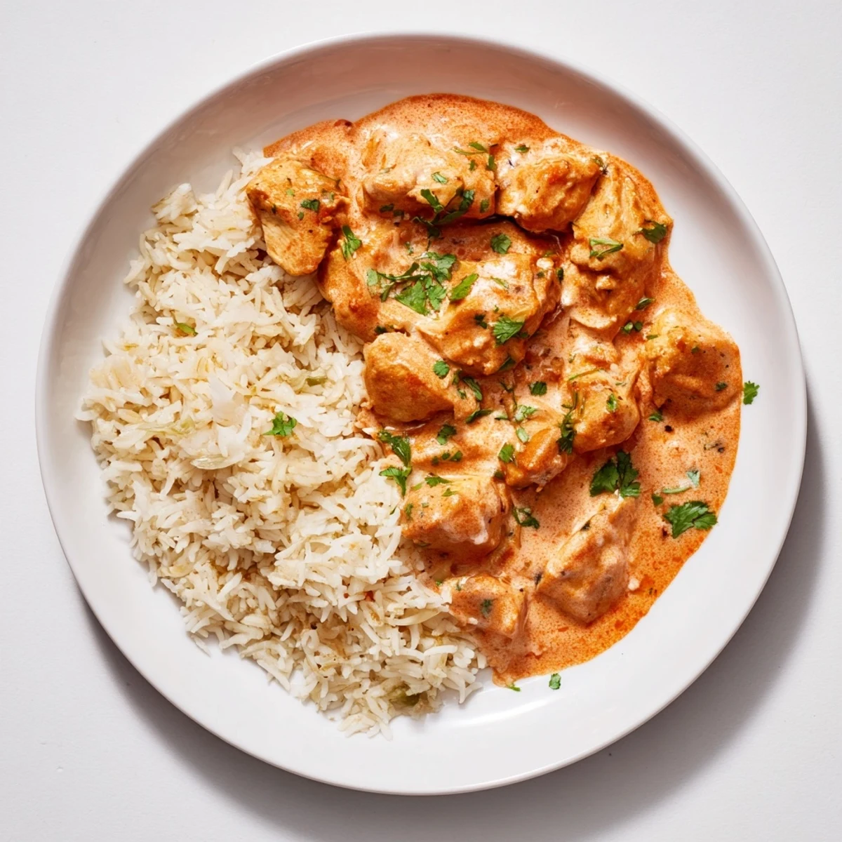 Homemade Butter Chicken, with a vibrant red sauce and rice pilaf, promising a delightful aromatic meal.