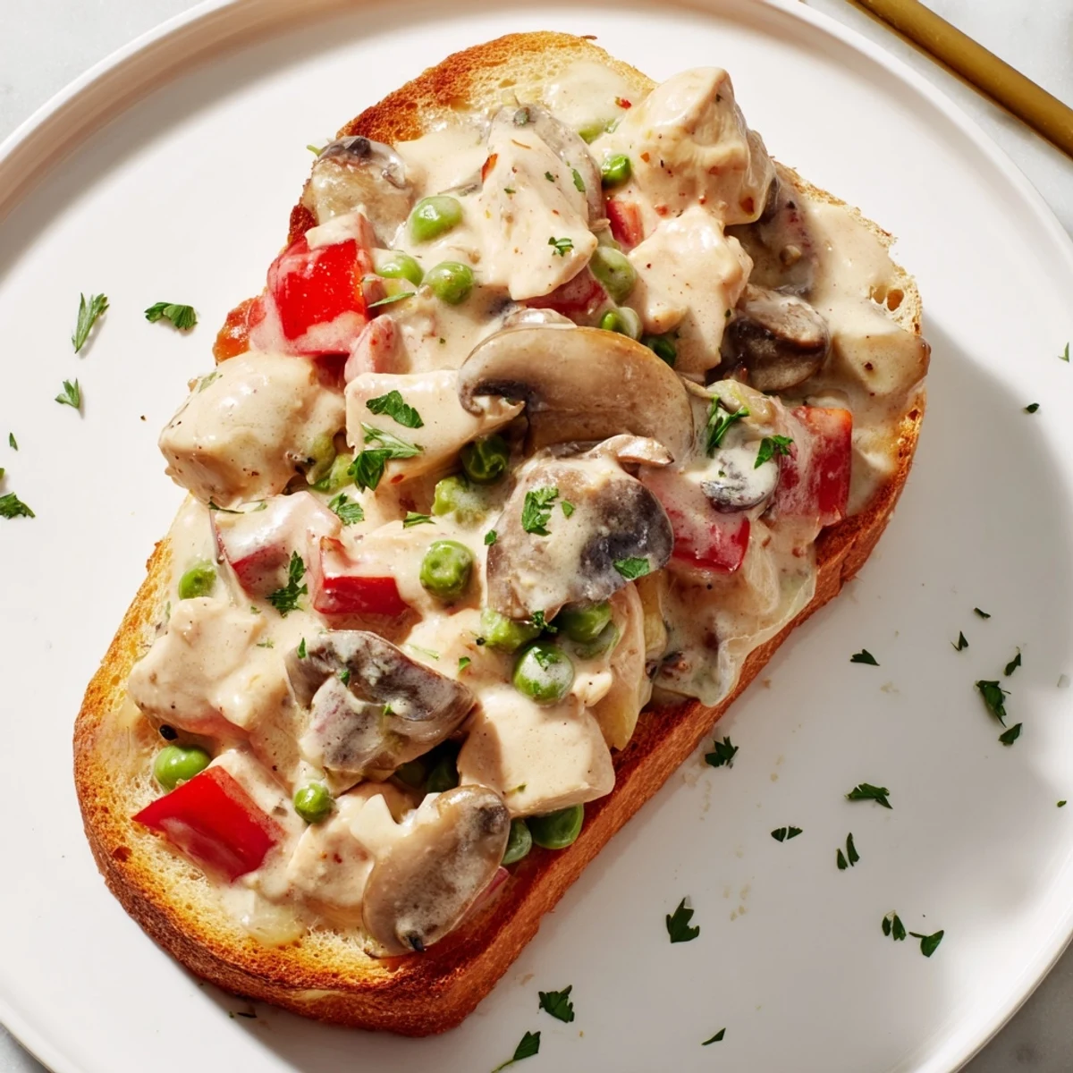 Creamy chicken à la king spooned generously over golden toasted bread for a satisfying meal.