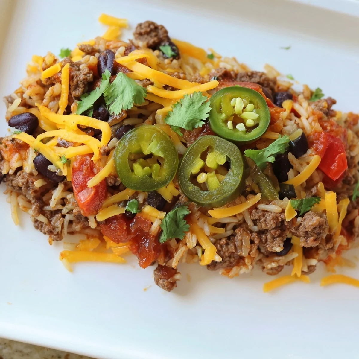 Garnished Tex-Mex Beef & Rice Casserole with cilantro, ready to serve, showcasing hearty ingredients and flavors.