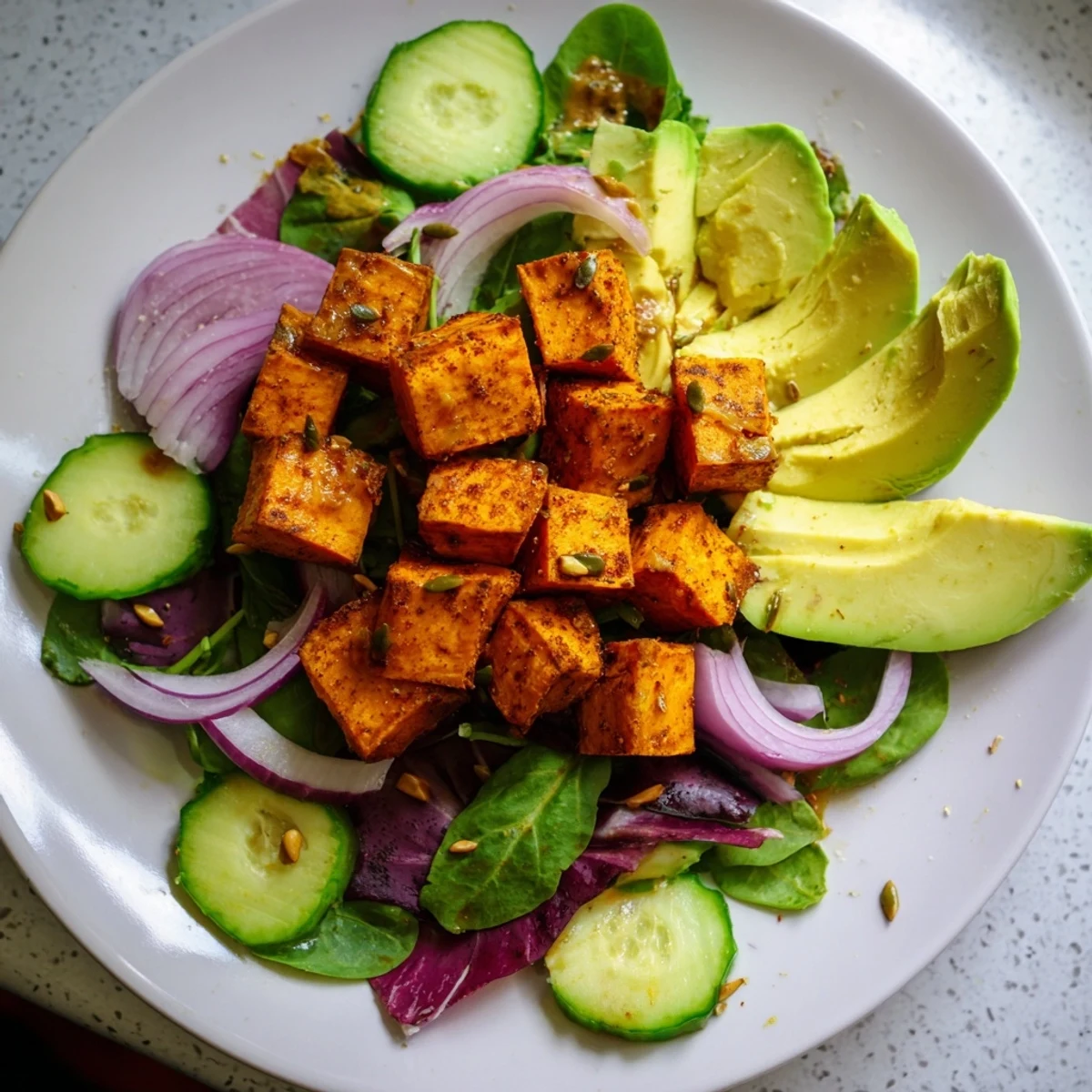 Vibrant Spiced Peanut Sweet Potato & Radicchio Salad Bowl, featuring roasted sweet potatoes and a creamy peanut dressing.