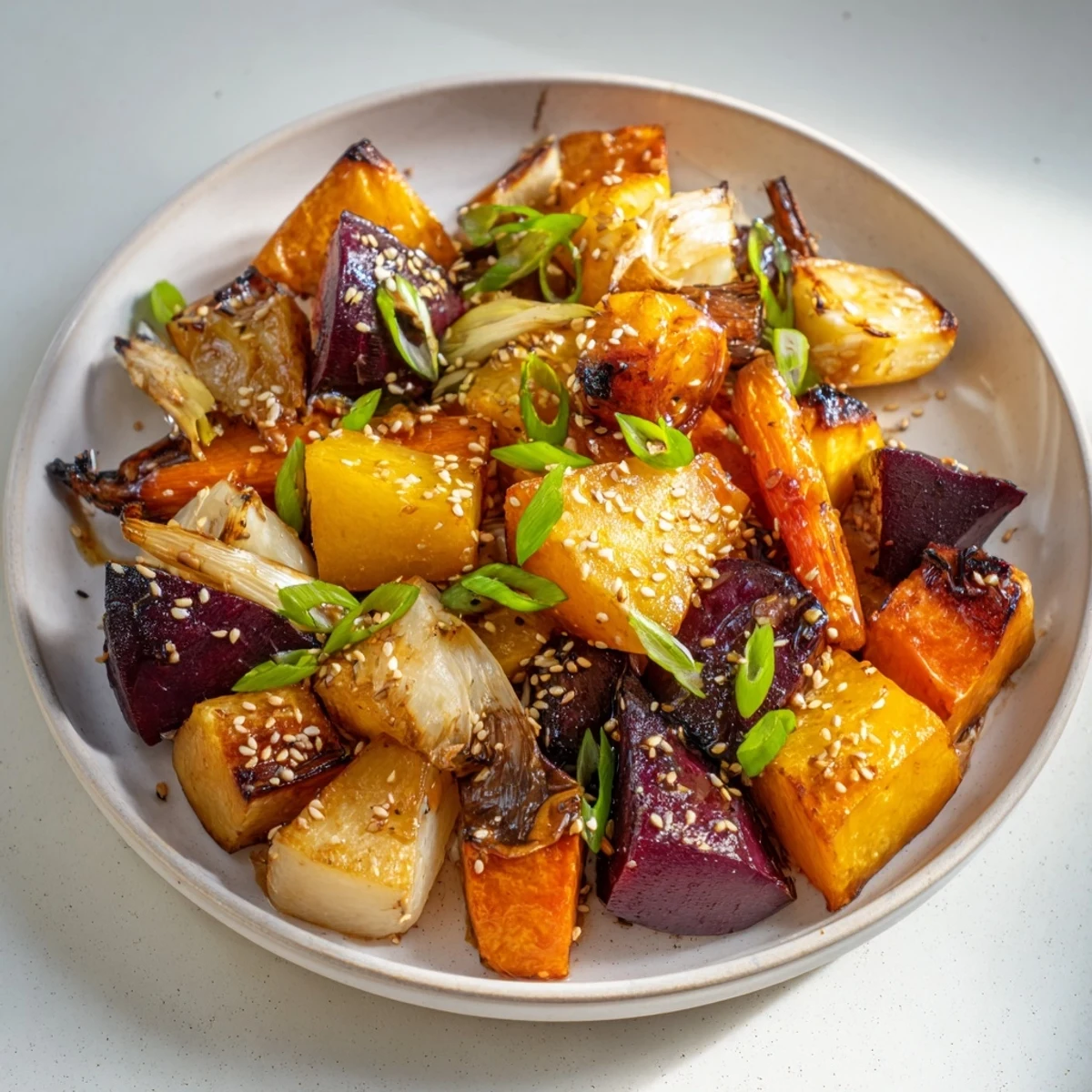 A colorful, close-up shot of caramelized Miso Roasted Winter Vegetables, coated in a glistening miso glaze.