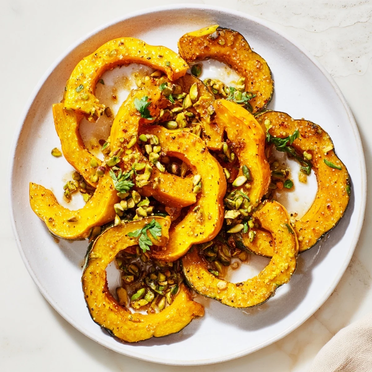 Golden-brown Baked Delicata Squash Rings, glistening with maple glaze, topped with green pistachios.