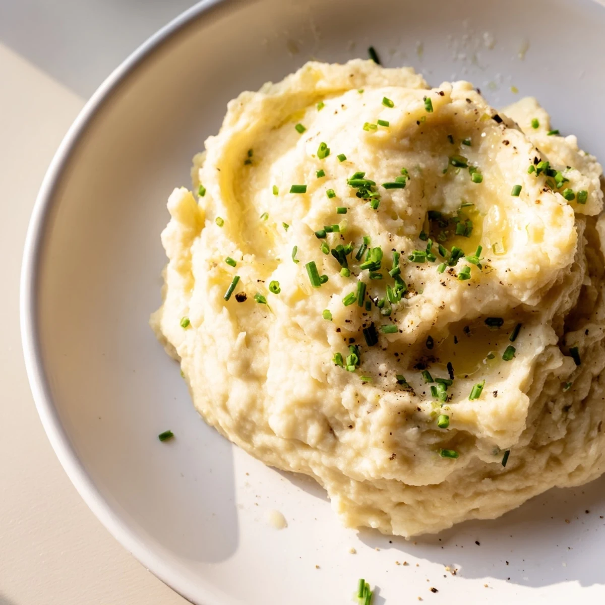 Creamy cauliflower mash with garlic and lemon, served hot, a bright, delicious side.
