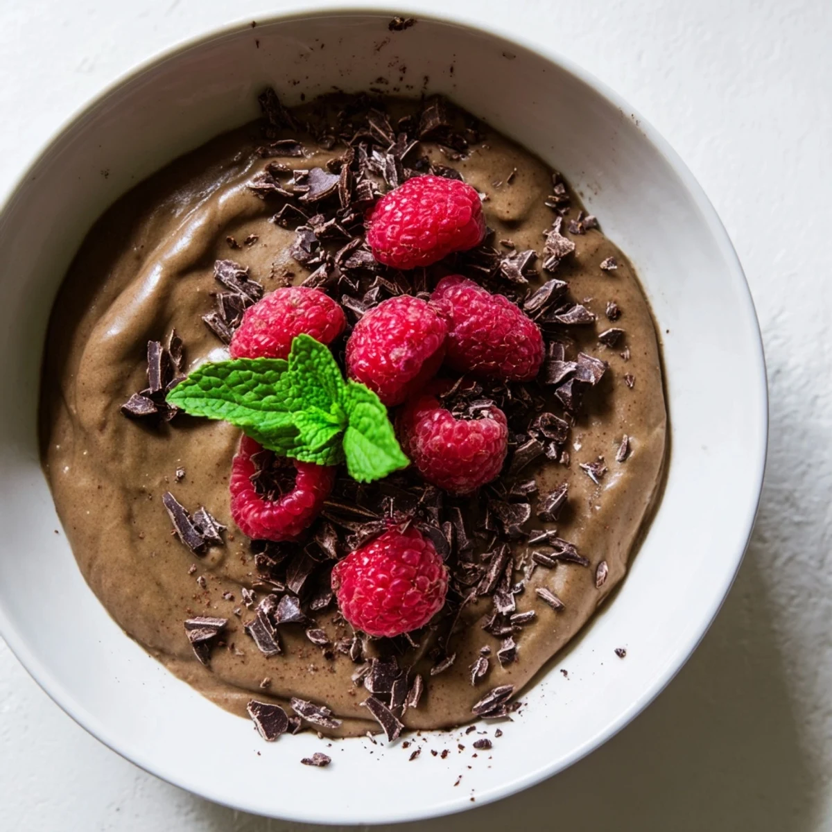 Silky-smooth Avocado Chocolate Mousse recipe with a vibrant raspberry topping, perfect after dinner.