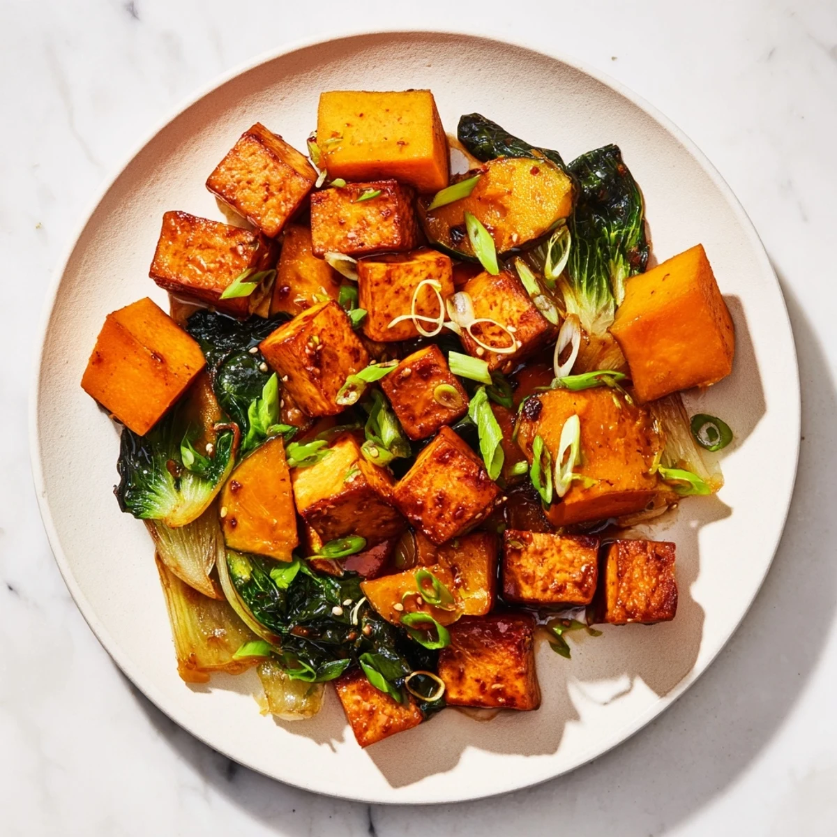 Golden brown Miso-Glazed Tofu alongside tender winter squash and bok choy, ready to serve.