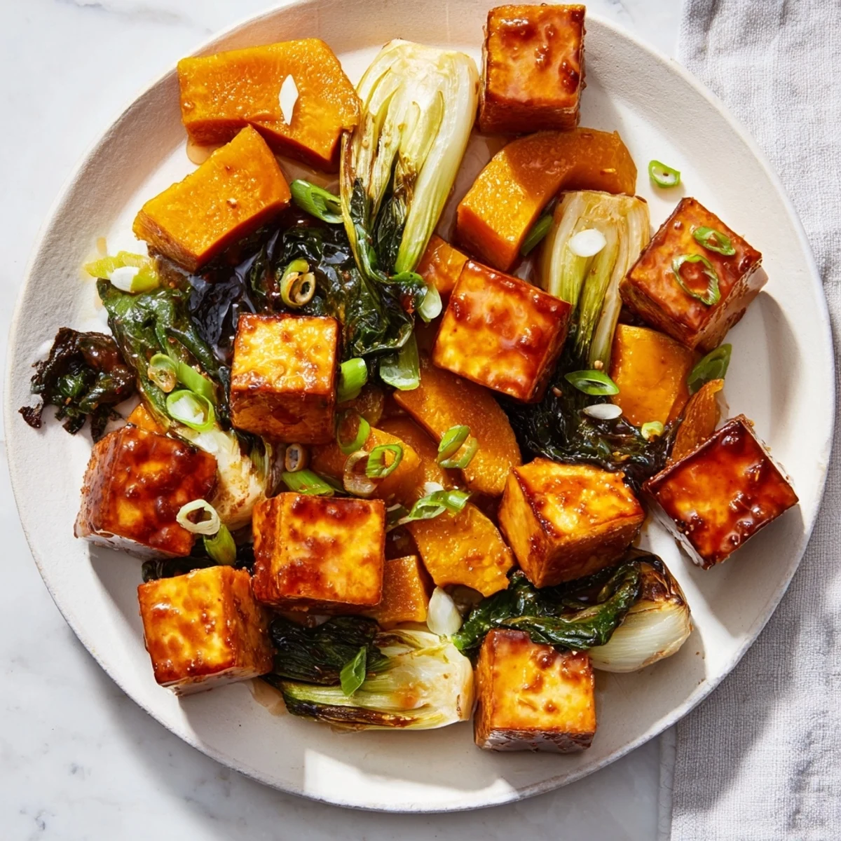 A gorgeous plate of Miso-Glazed Tofu and squash, drizzled with glaze, plus vibrant green bok choy.