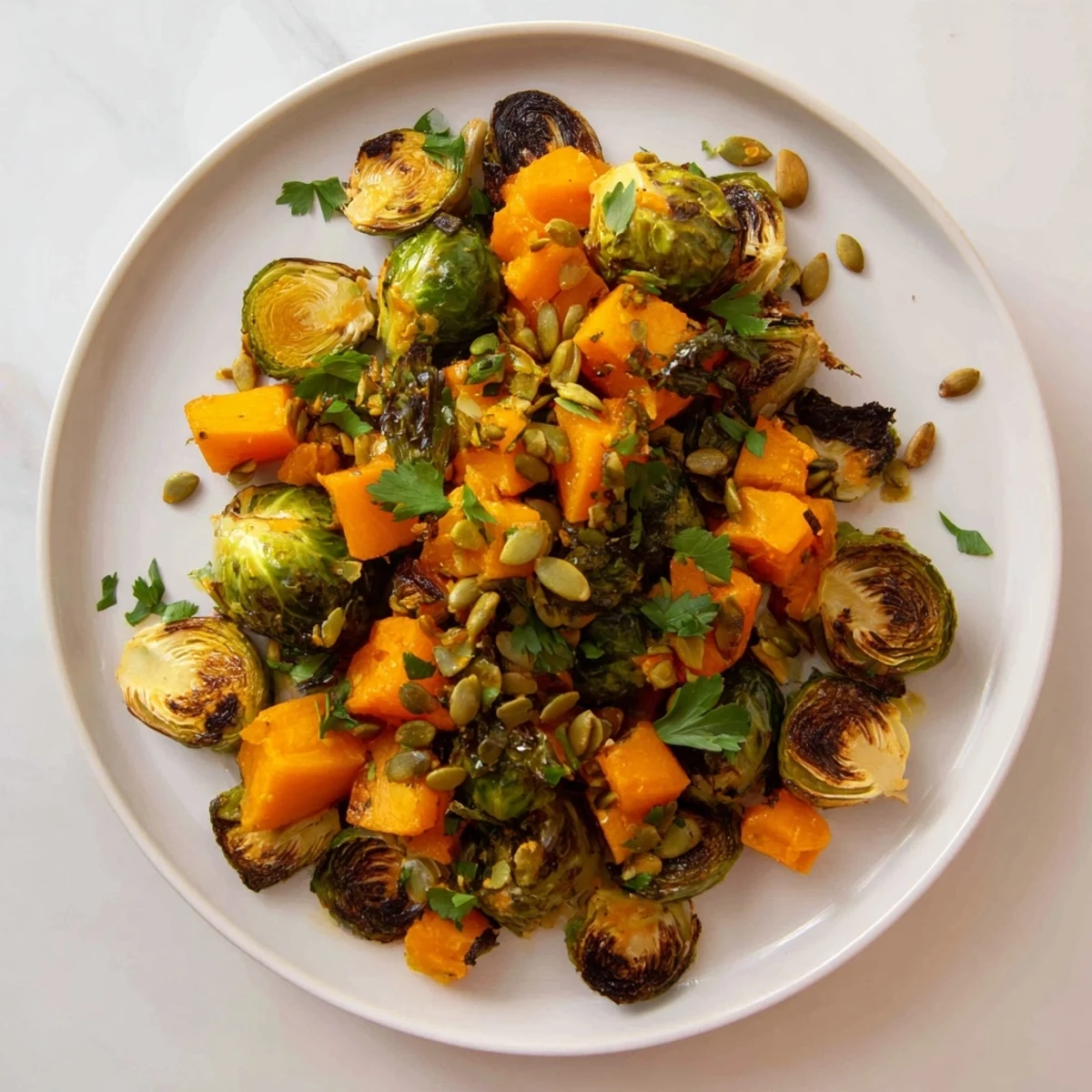 Golden brown Roasted Brussels Sprouts & Butternut Squash, drizzled with bright orange dressing for a flavorful side.