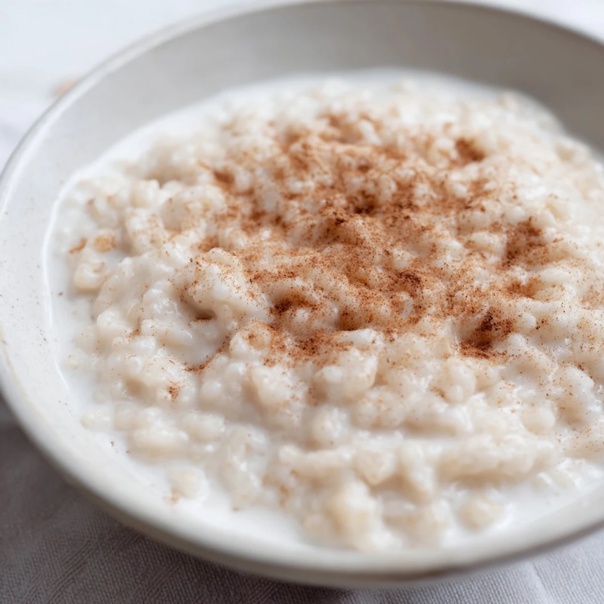 A comforting bowl of creamy Rice Pudding with Leftover Rice, finished with a sprinkle of cinnamon.