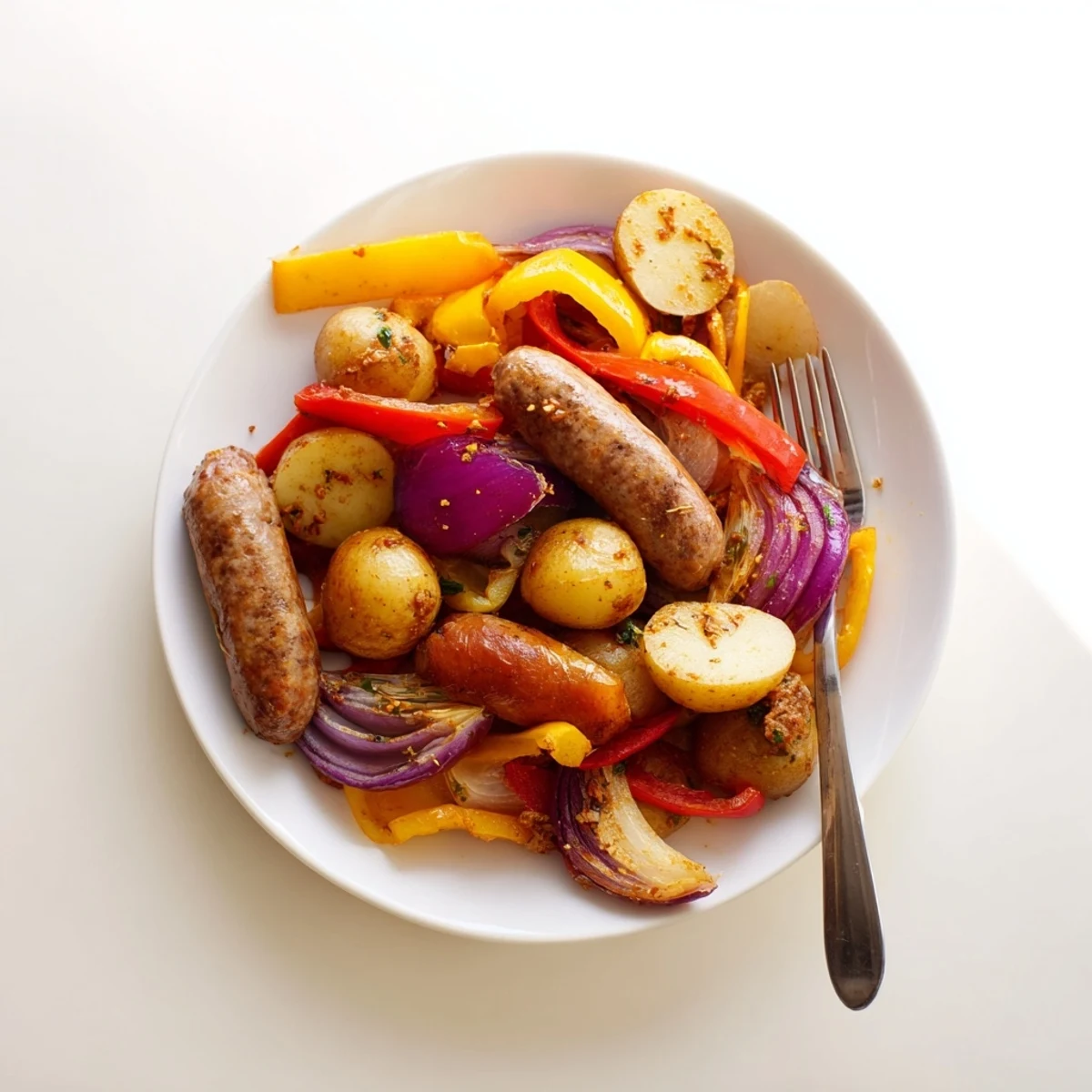 Golden potatoes and colorful bell peppers combine in this easy Sheet-Pan Sausage recipe, ready to serve.