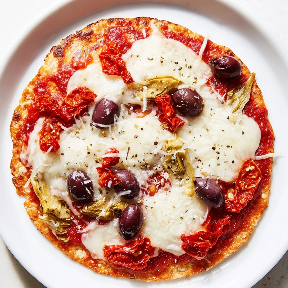 Golden-brown tortilla pizza loaded with bubbly cheese and savory pantry toppings, ready to enjoy.
