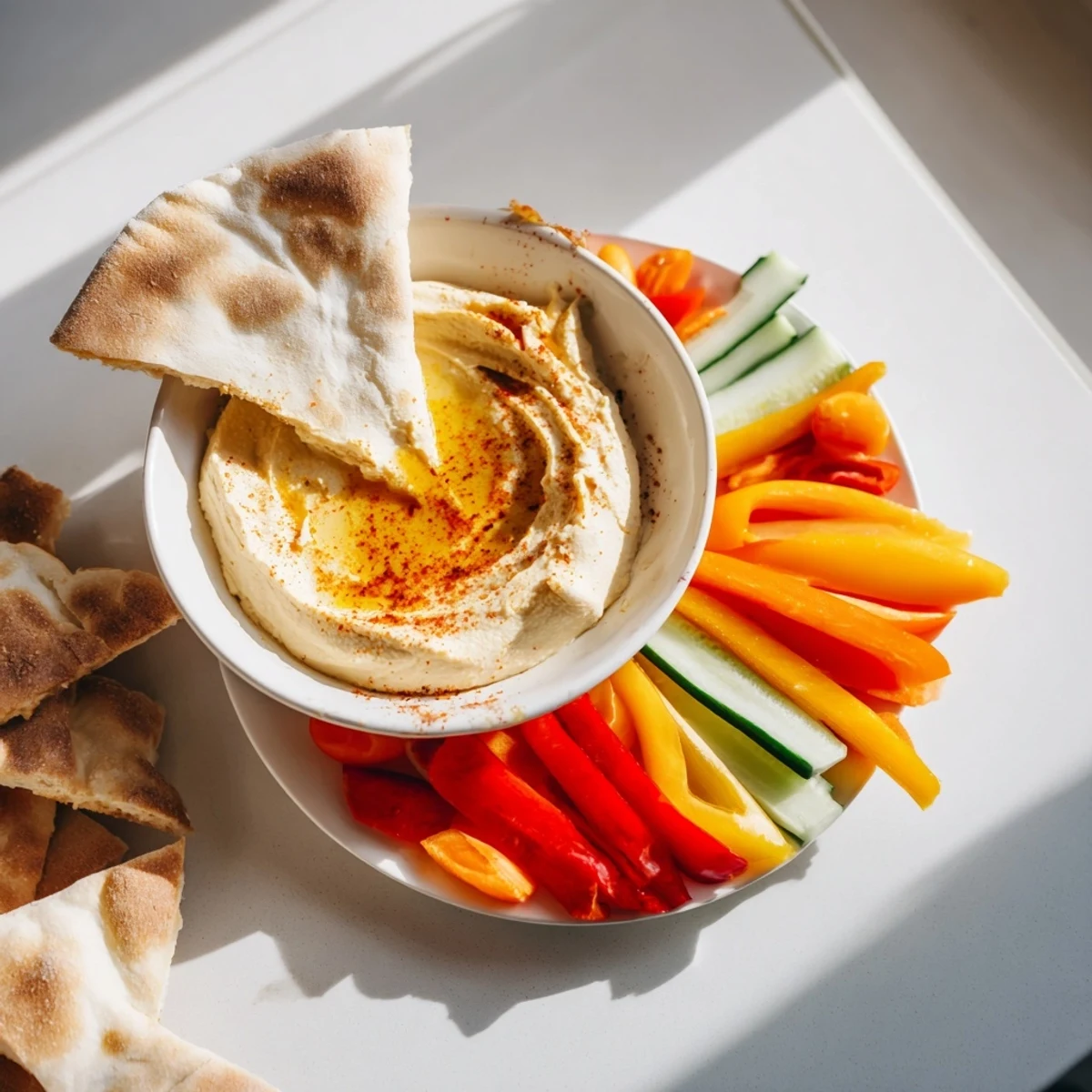 This photo of fresh DIY hummus shows the dip next to homemade pita and colorful vegetable sticks.