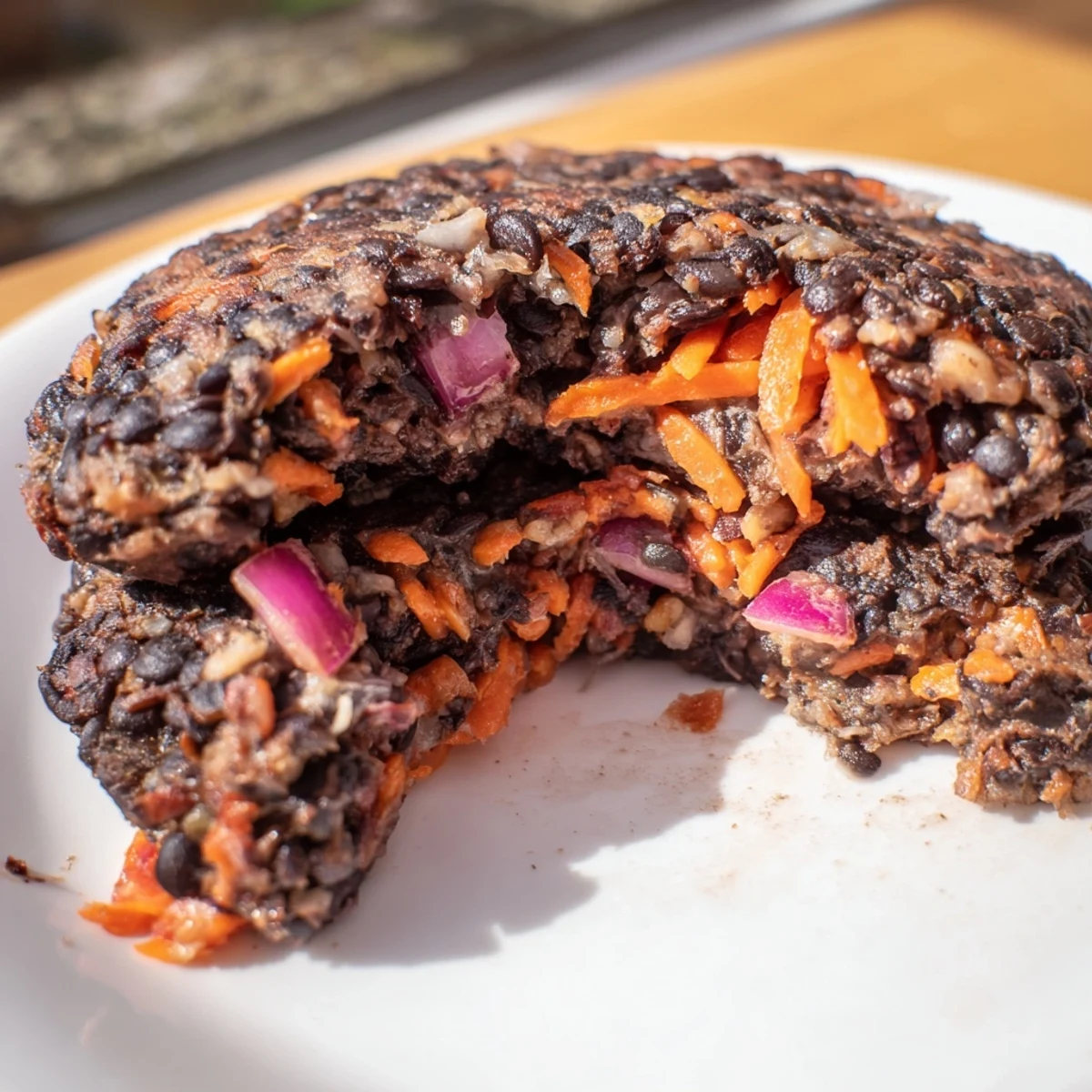 Golden, crispy black bean burgers on a toasted bun, perfect for a summer cookout meal.