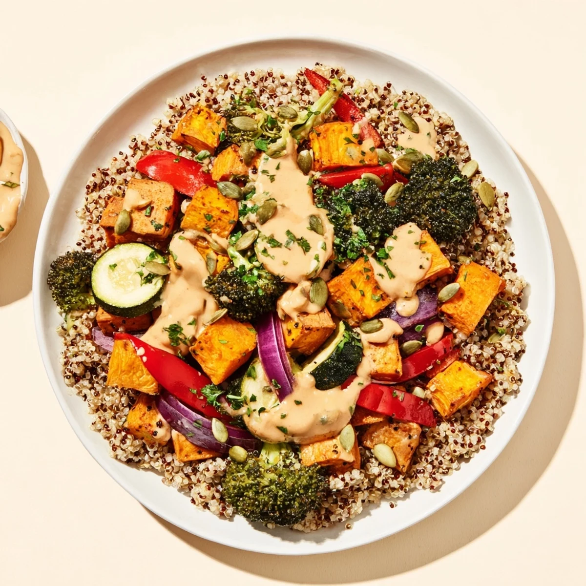 A colorful photo of the healthy quinoa bowl, featuring roasted veggies and a flavorful dressing.