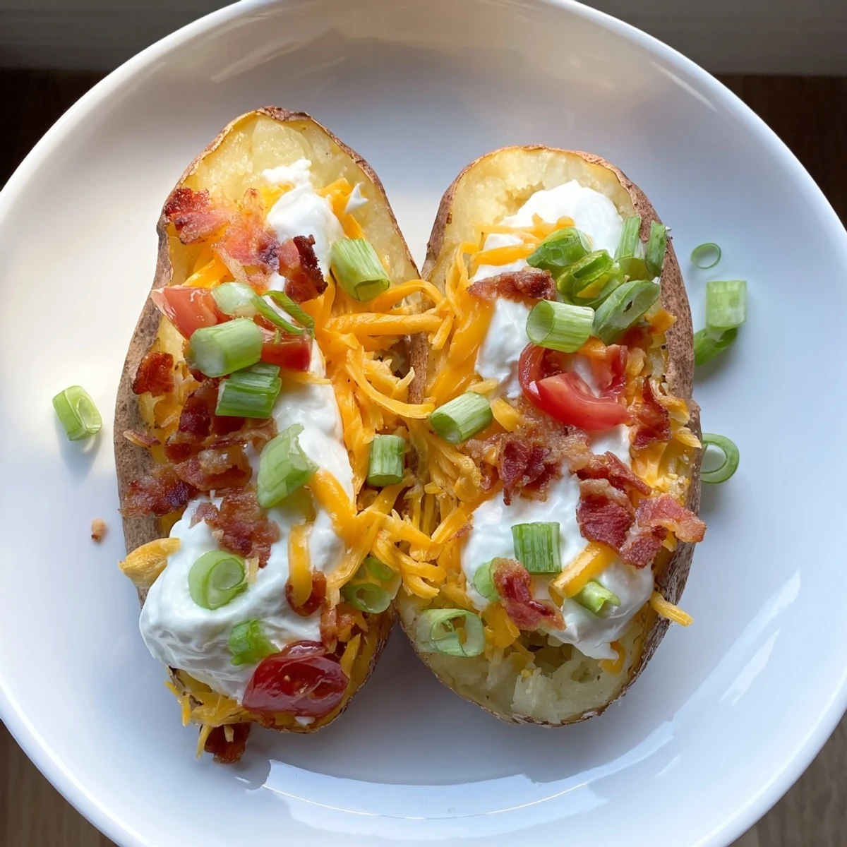 A close-up of a fully loaded baked potato bar with various toppings like cheese and bacon.