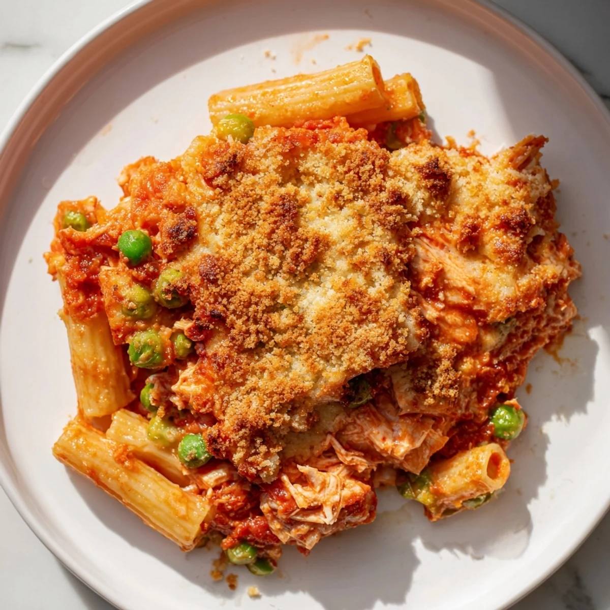 Golden, bubbly tuna pasta bake fresh from the oven, offering comforting family dinner vibes.