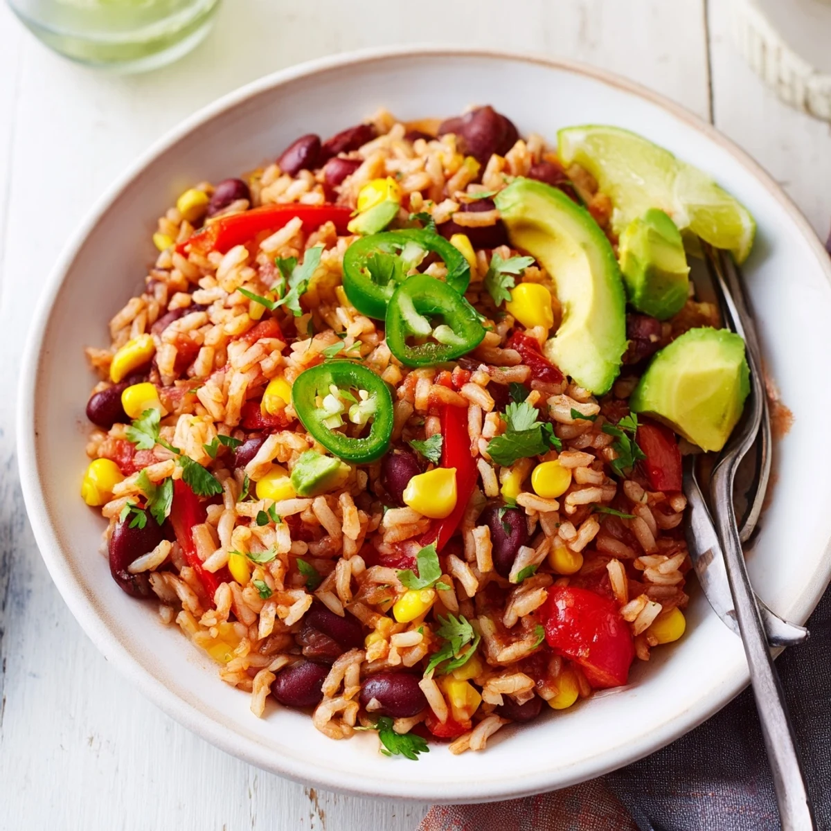 Steaming bowl of One-Pot Mexican Rice & Beans, vibrant and flavorful, garnished with fresh cilantro and lime wedges.