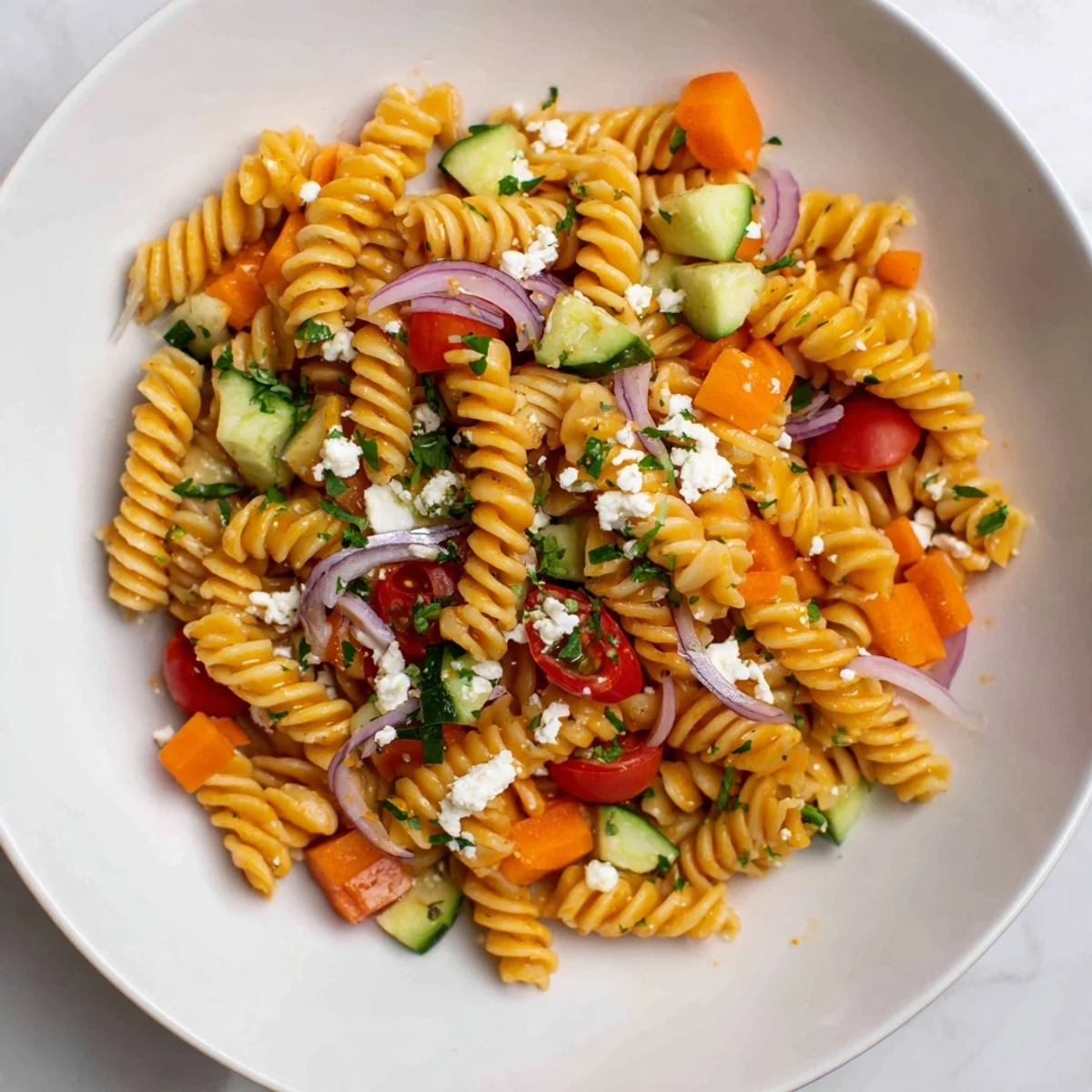 Vibrant pasta salad with seasonal veggies, tossed in a bright, zesty dressing, ready to eat.