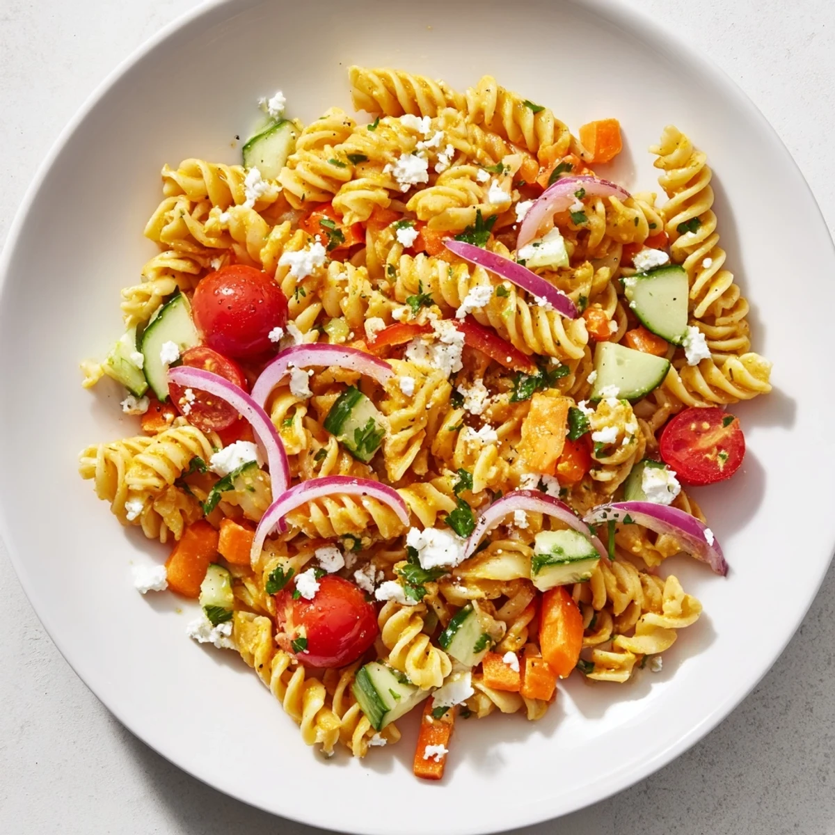 A close-up of pasta salad with seasonal veggies, showcasing colorful ingredients and tastes.