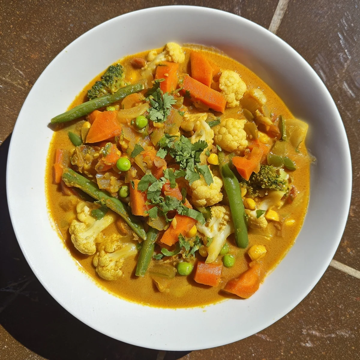 Steaming bowl of Veggie Coconut Curry, garnished with cilantro, served with fluffy white rice.